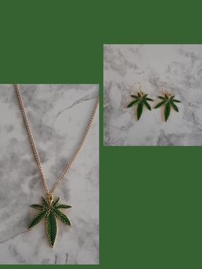 Gold Green Pot Leaf Necklace and Earring Set - Women Jewelry